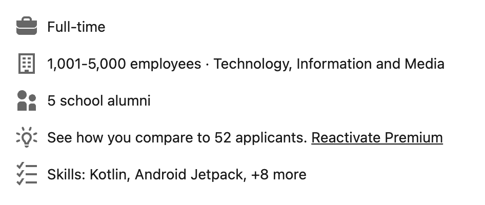 Example of the info provided on a LinkedIn job advert