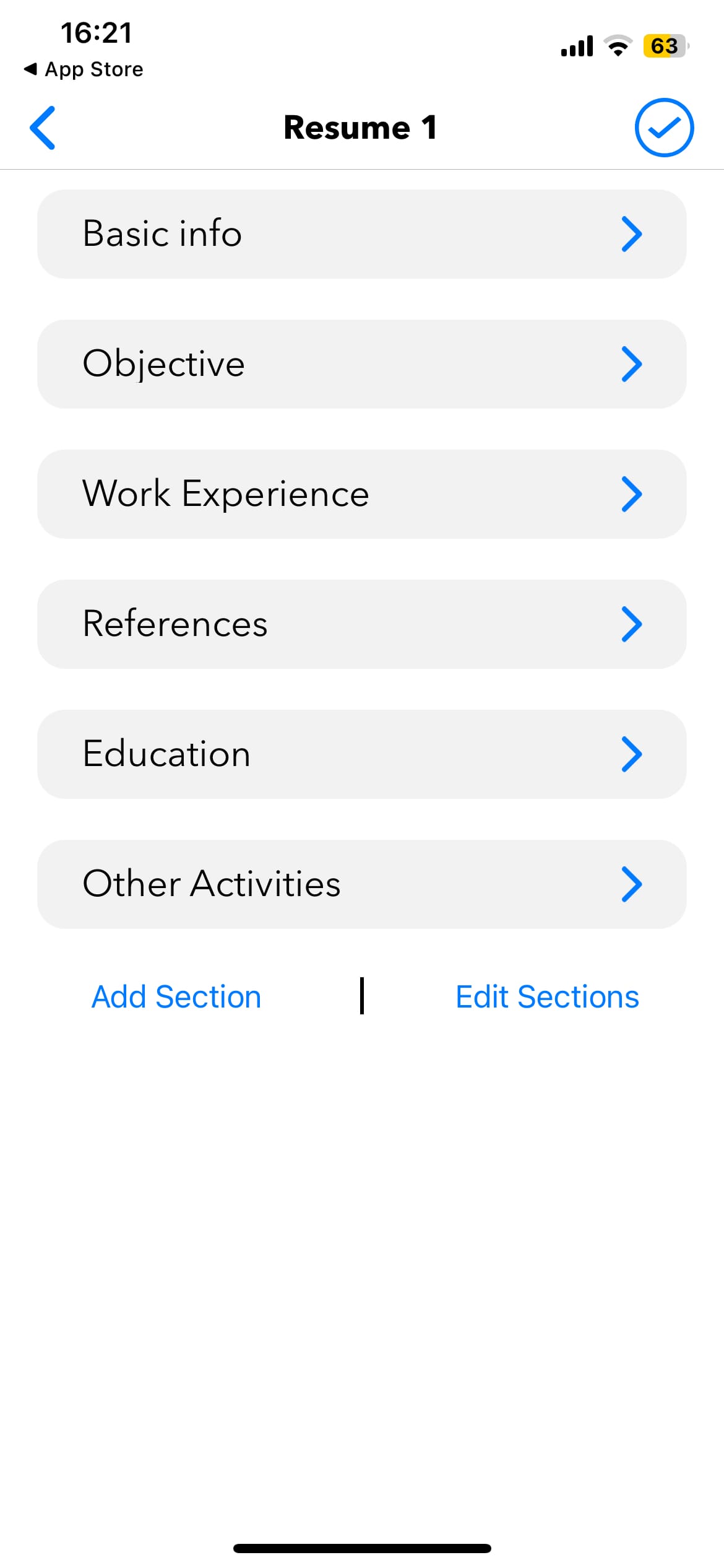 Screenshot of the main menu for the Resume Builder⁺ iOS app.