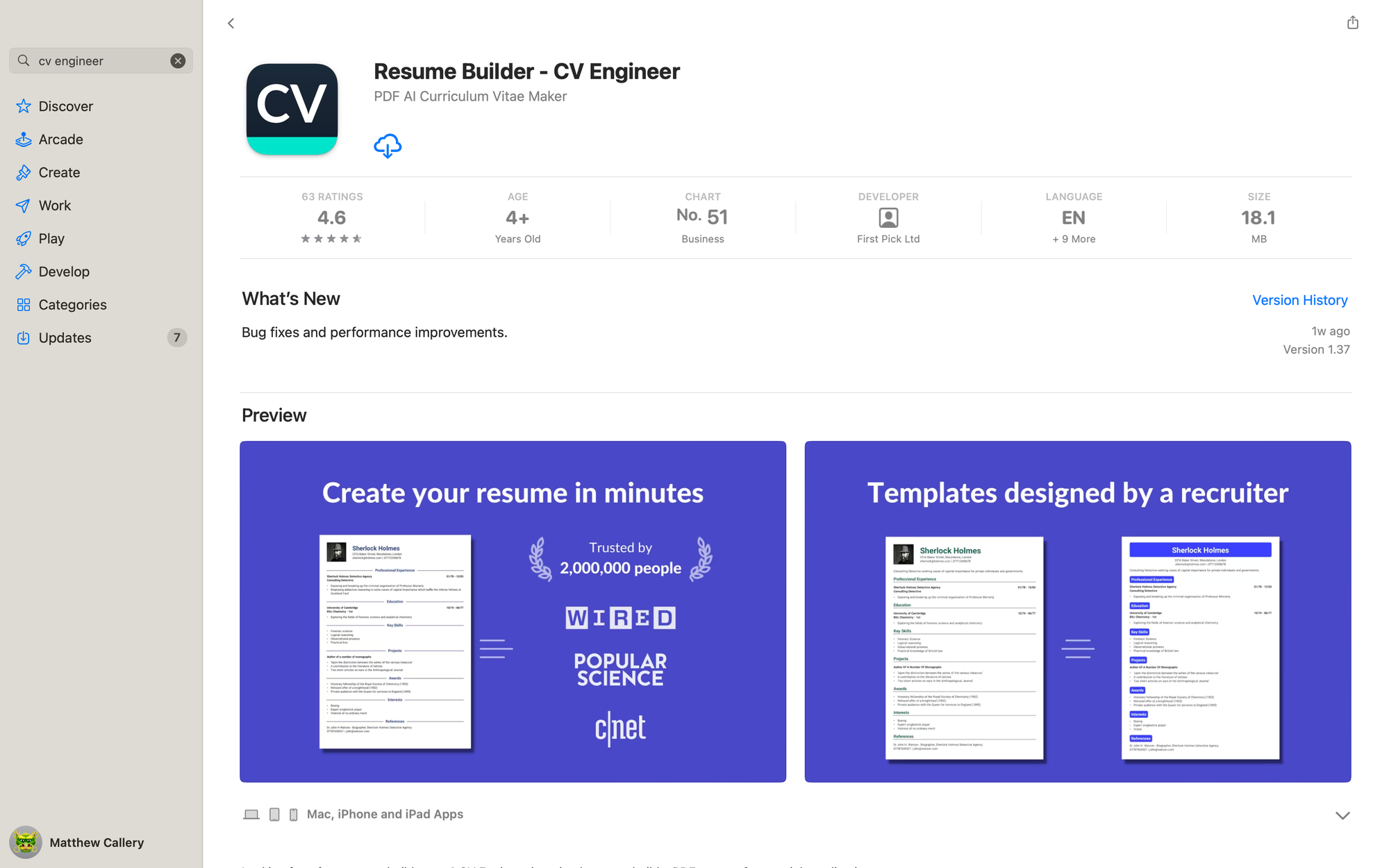 Screenshot of CV Engineer's listing on the Mac App Store