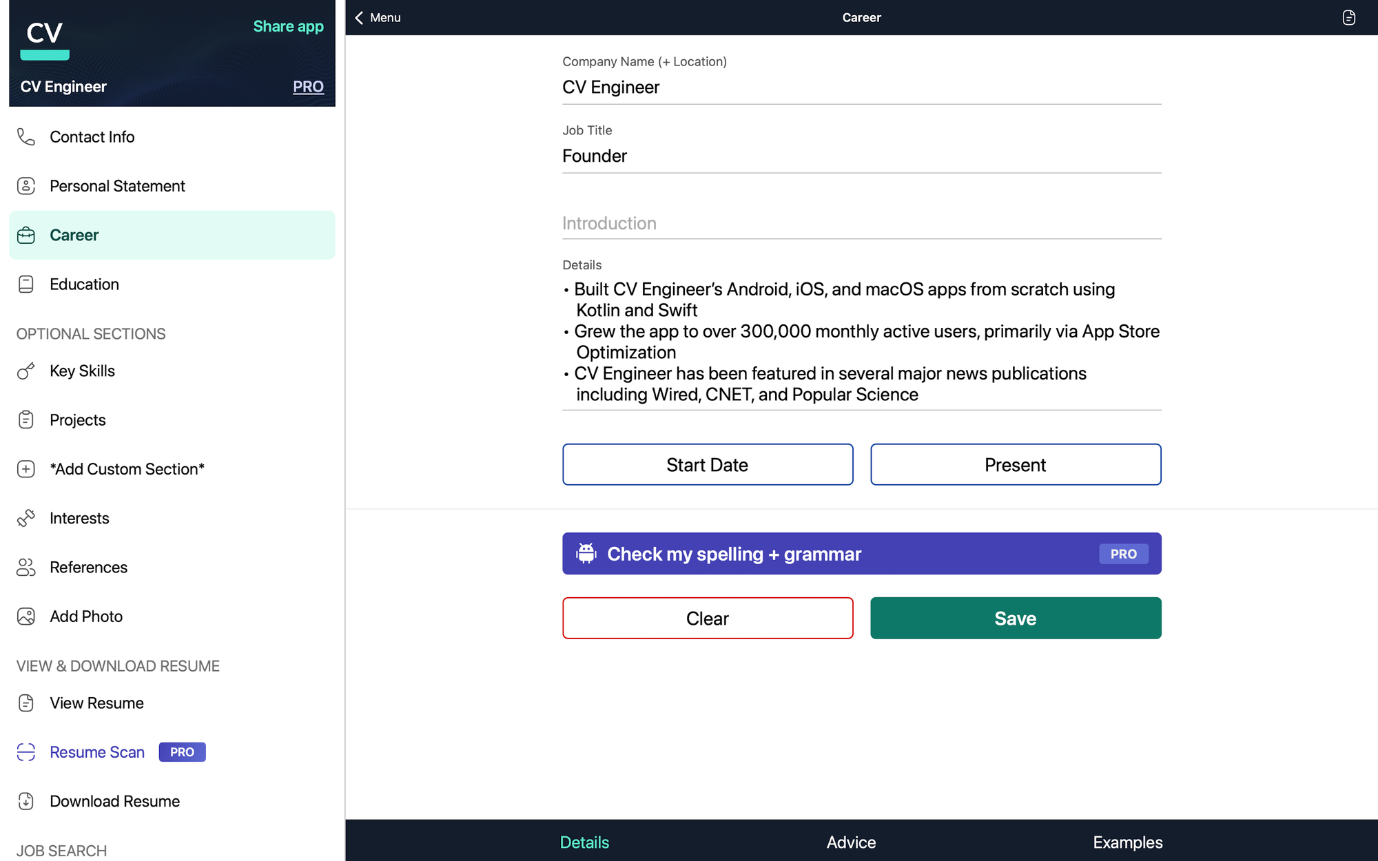 Screenshot of a Career section in the CV Engineer resume app