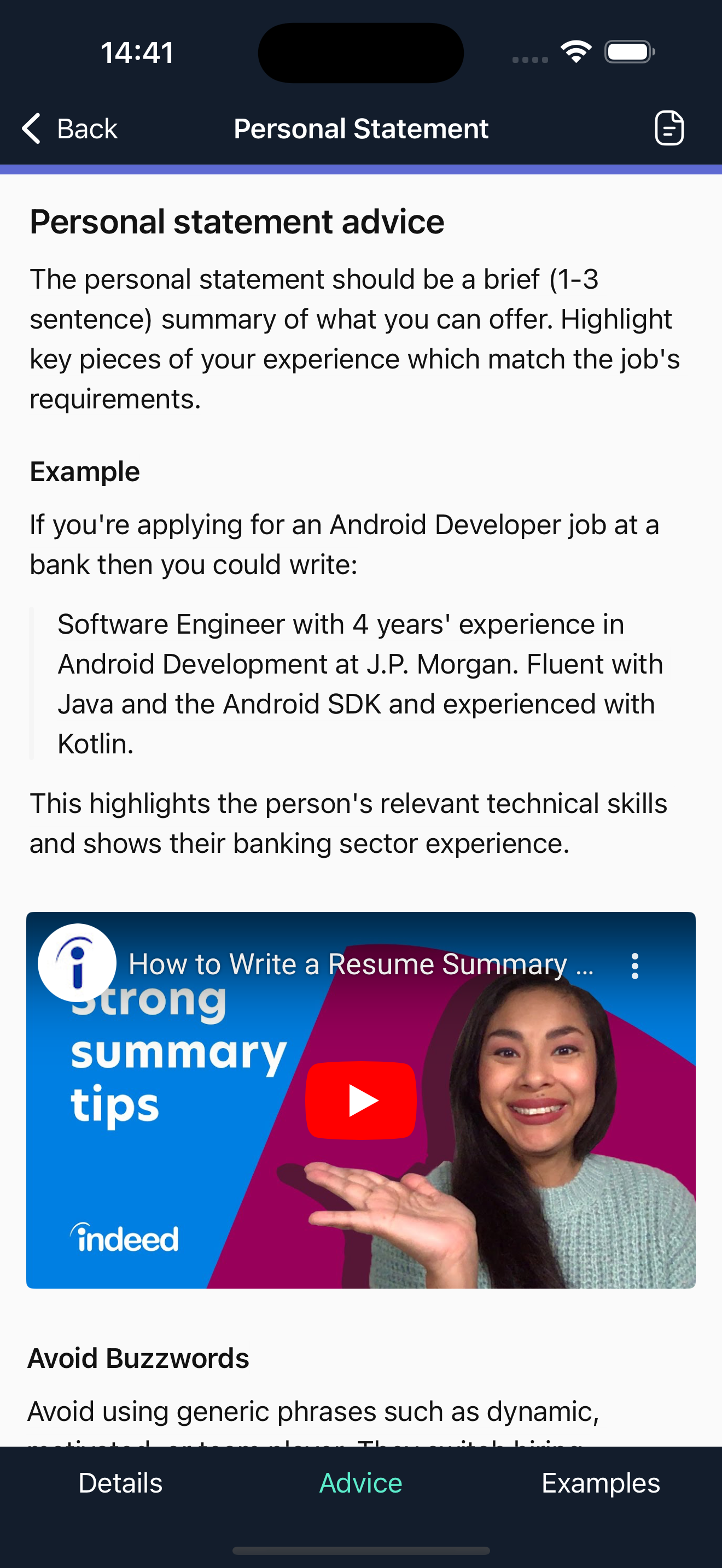 Screenshot of the Personal Statement Advice screen from the CV Engineer iOS app.