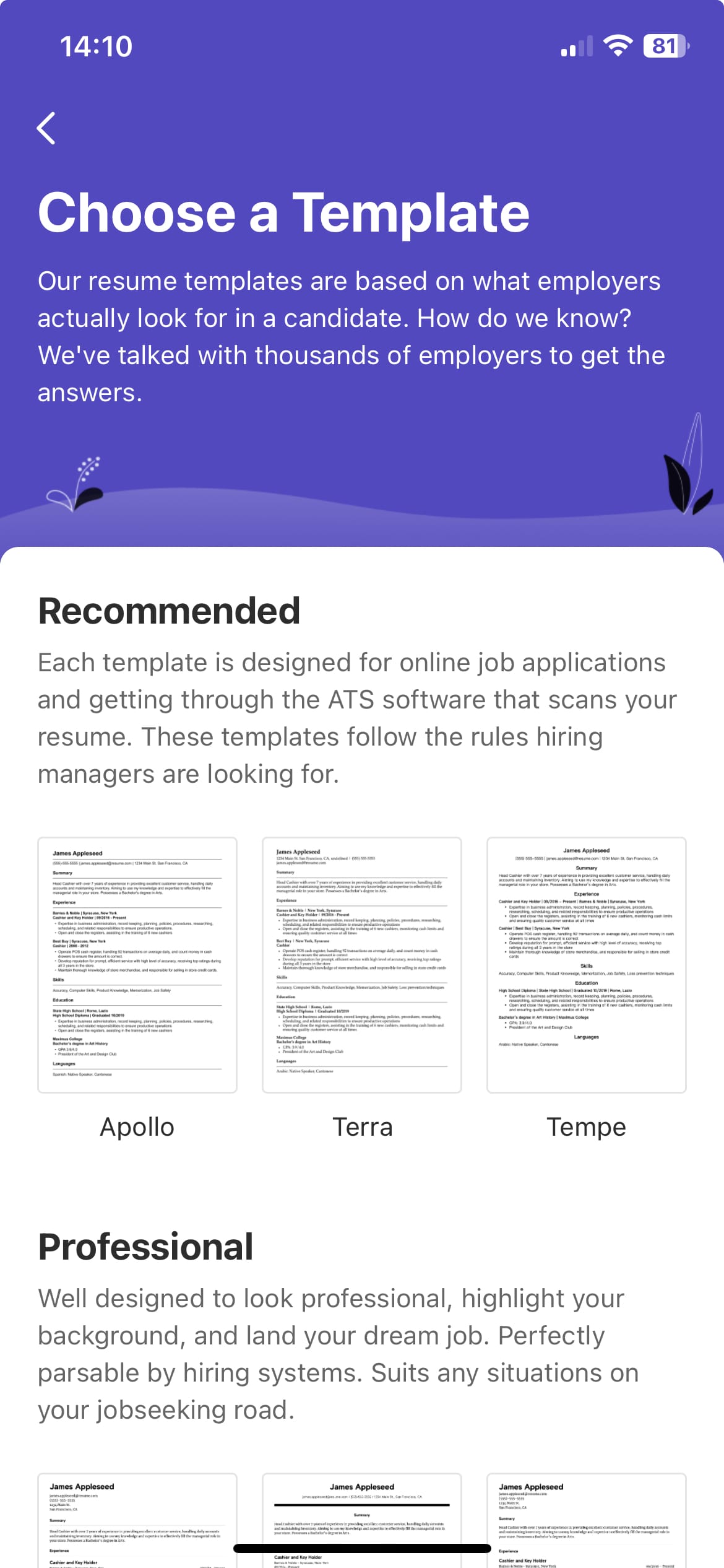 Screenshot of the "Choose a Template" screen of the "Resume Builder: PDF Resume App" iOS app